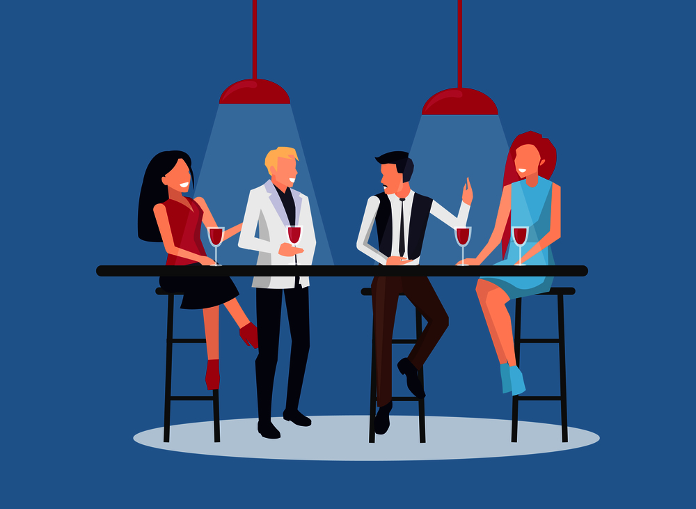 People sitting and drinking red wine, discussing something and having fun together, red lamps and lights vector illustration isolated on blue. People Drinking and Having Fun Vector Illustration