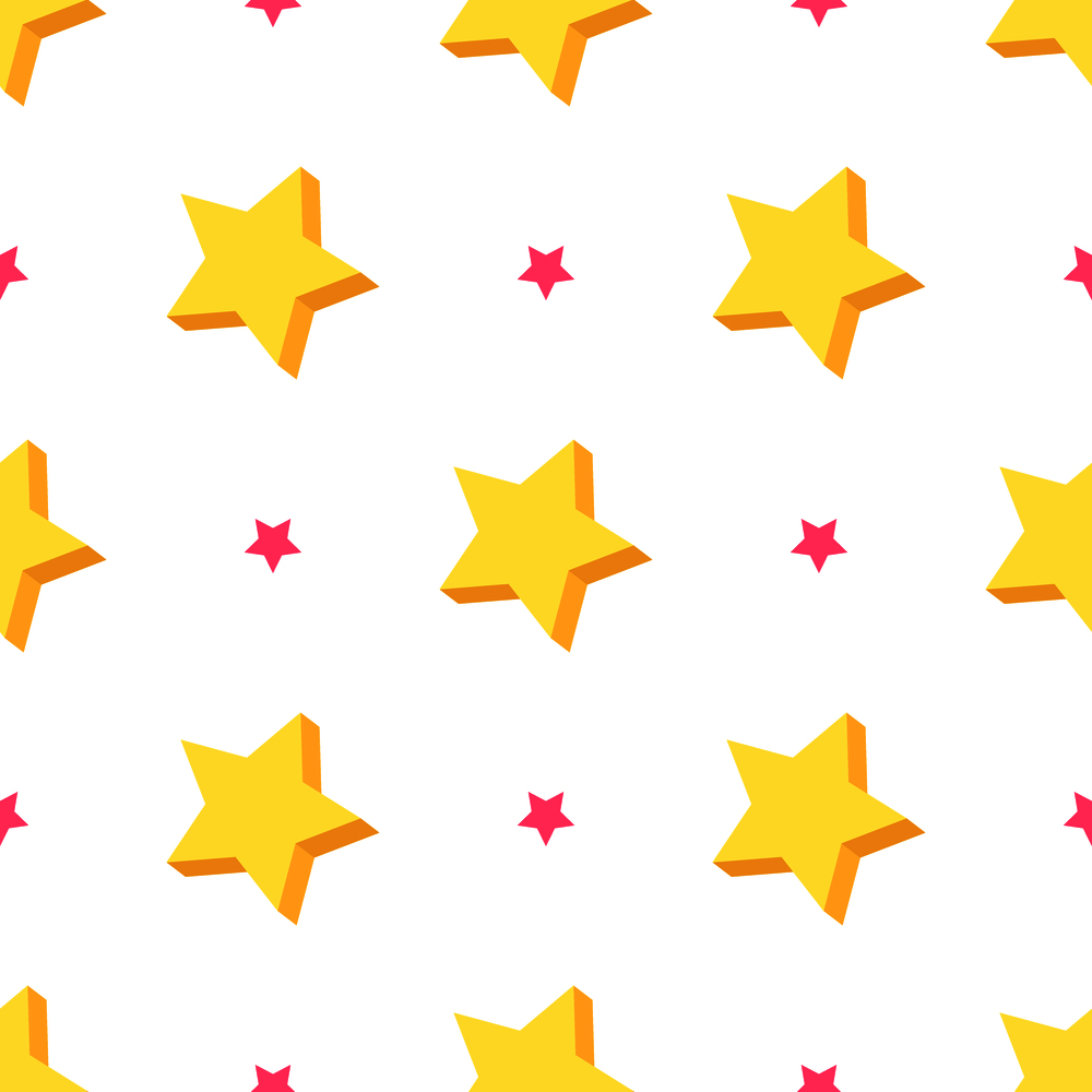 Starry seamless pattern with different size stars on white background. Five-pointed yellow and pink stars isolated vector illustration for wrapping paper, greeting cards, invitations, print design