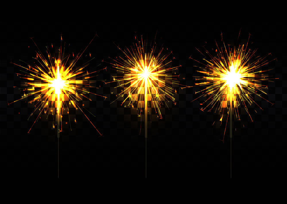 Golden sparklers that spread light on thin metal stick realistic isolated vector illustrations set on dark transparent background.. Golden Sparklers on Metal Stick Realistic Set
