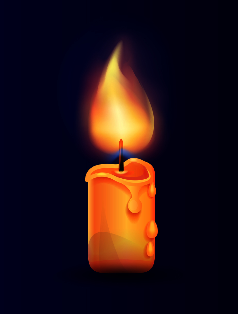 Burning candle in realistic design vector illustration isolated on blue background. Ignitable wick embedded in wax used to provide heat. Burning Candle in Realistic Design Vector Icon