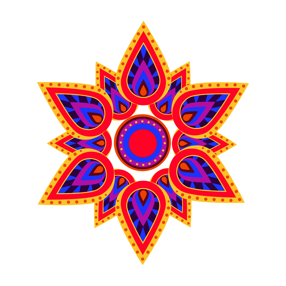 Spiritual and ritual symbol in hinduism which is mandala, representing universe, icon depicted on vector illustration isolated on white. Spiritual Symbol Mandala on Vector Illustration