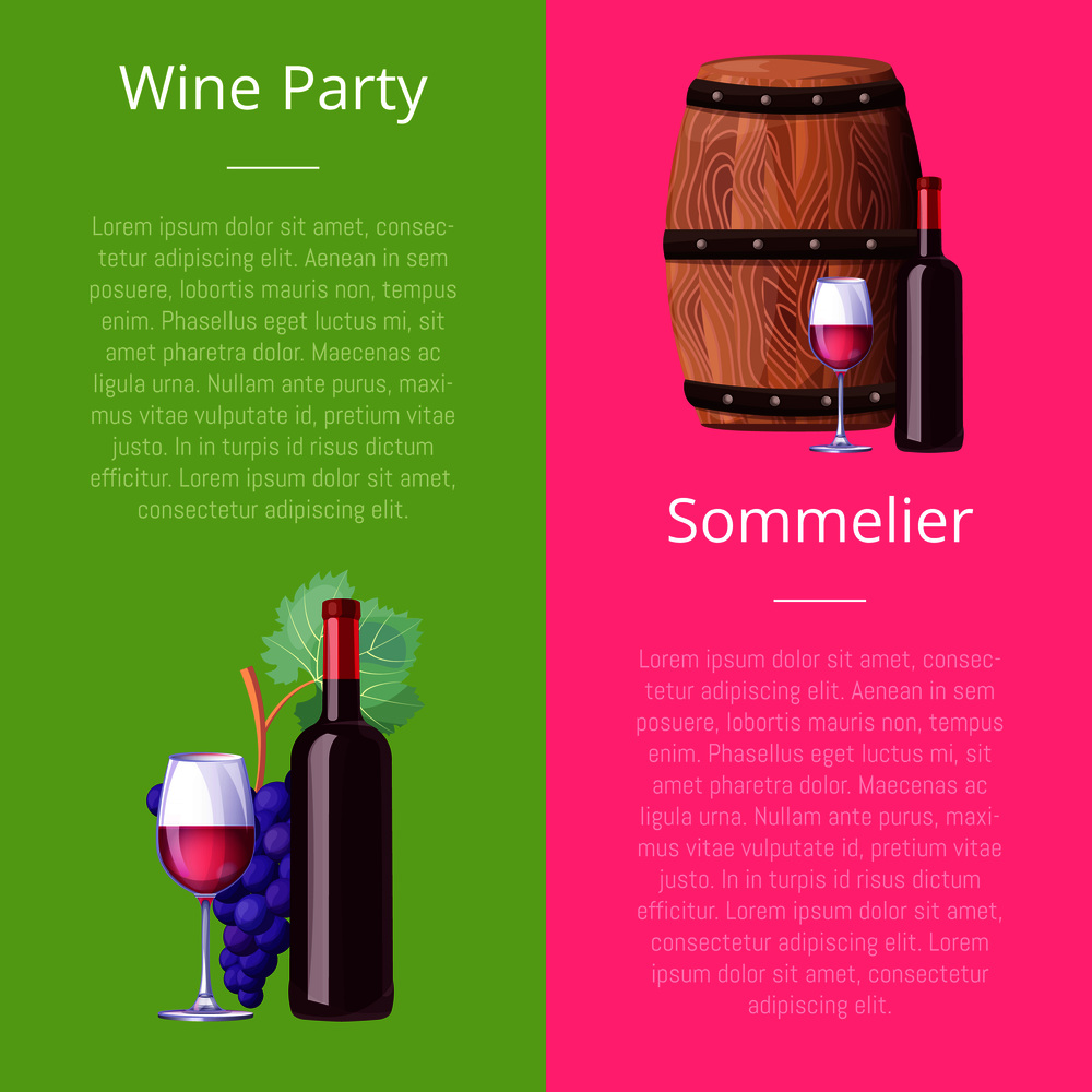 Wine party and sommelier colorful poster with wine bottles, shiny glasses, barrels and grapes. Vector illustration on green and pink. Wine Party and Sommelier Vector Illustration Icons