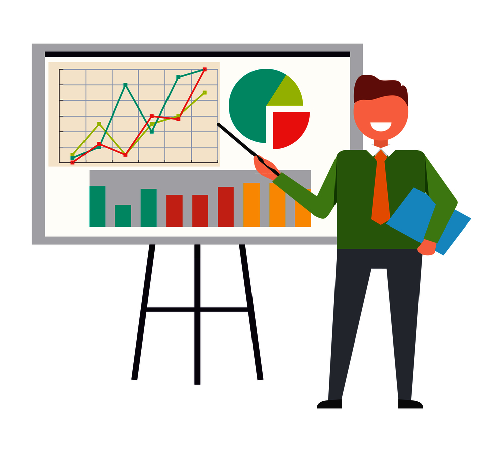 Businessman standing at interactive whiteboard. Vector illustration of smiling man in green sweater pointing at various charts on white background. Businessman Standing at Interactive Whiteboard