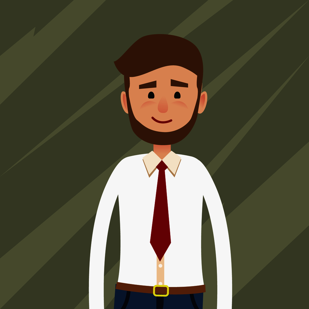 Smiling young man character. Bearded male in white shirt and red tie half-length portrait flat vector. Businessman, clerk, office worker or manager cartoon illustration for user avatar