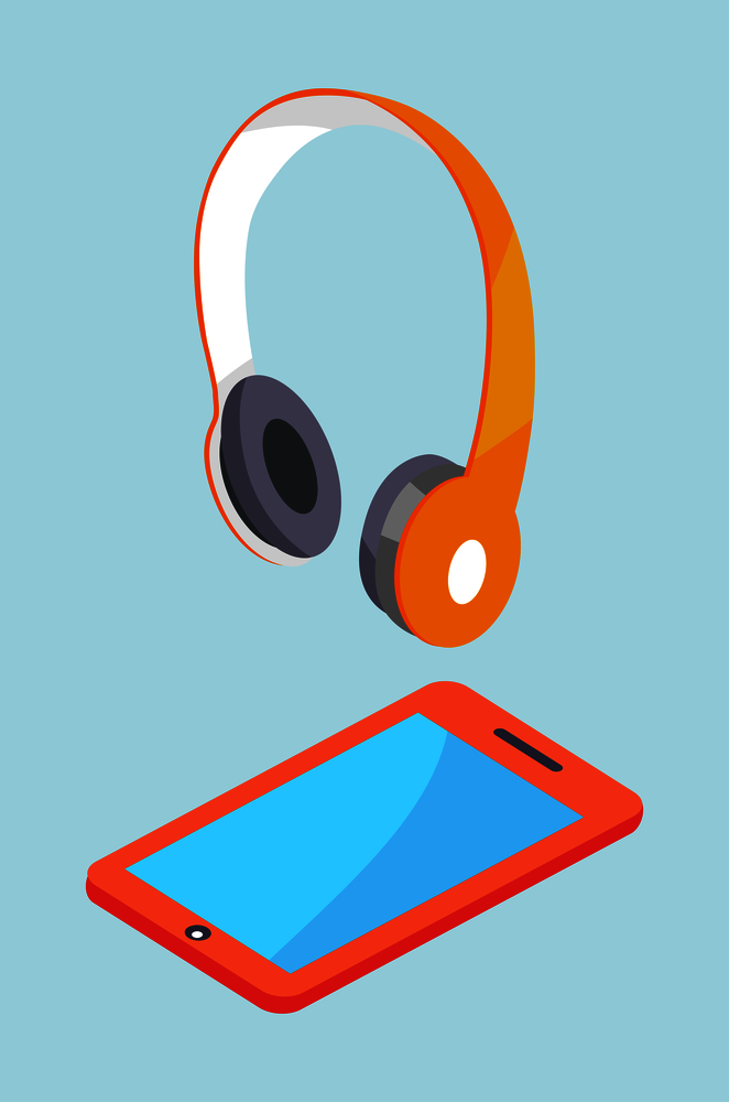 Earphones and smartphone modern stereo equipment. Wireless headphones and tablet vector three dimensional illustrations isolated on blue background.. Earphones and Smartphone Modern Stereo Equipment.
