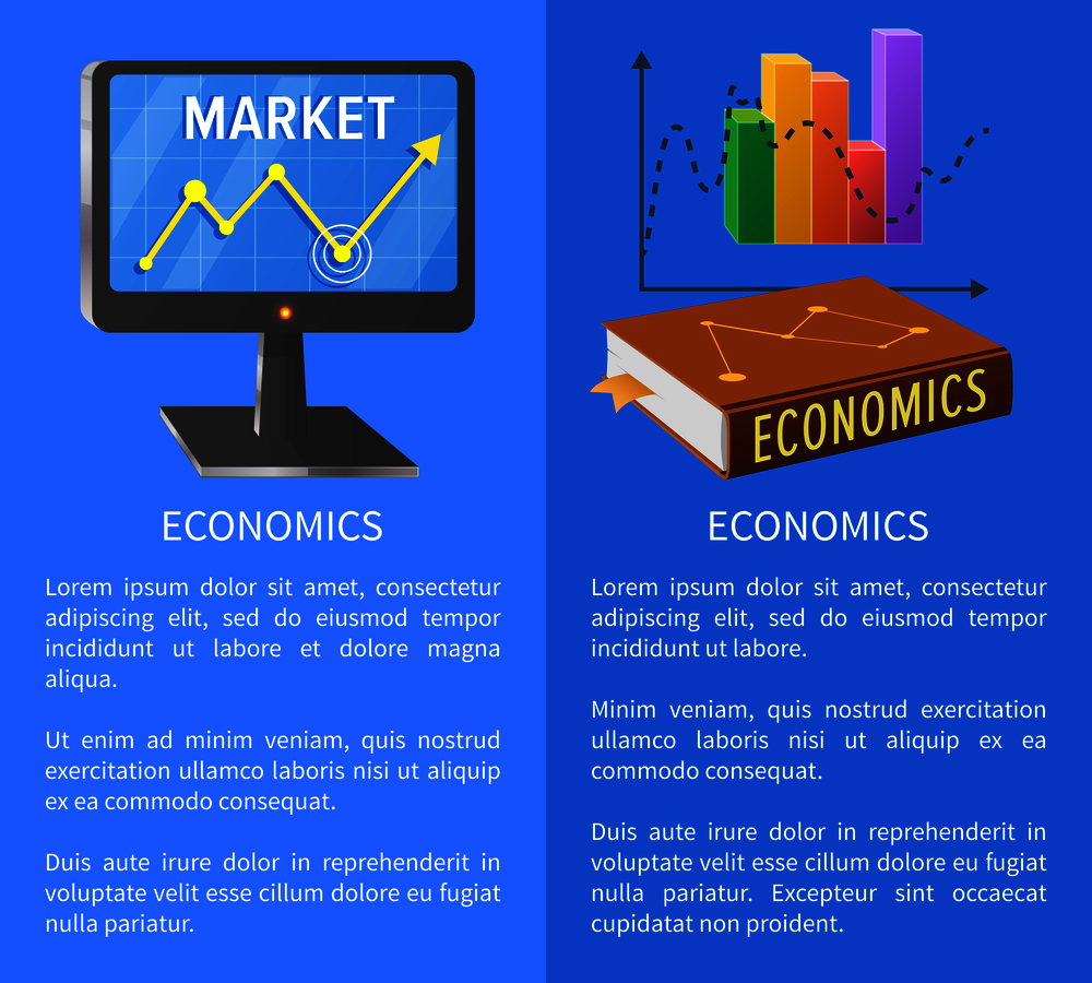 Economics market poster with screen showing rising arrow, book on marketing and chart graphics vector illustrations with text. Economics Market Poster with Screen Showing Arrow