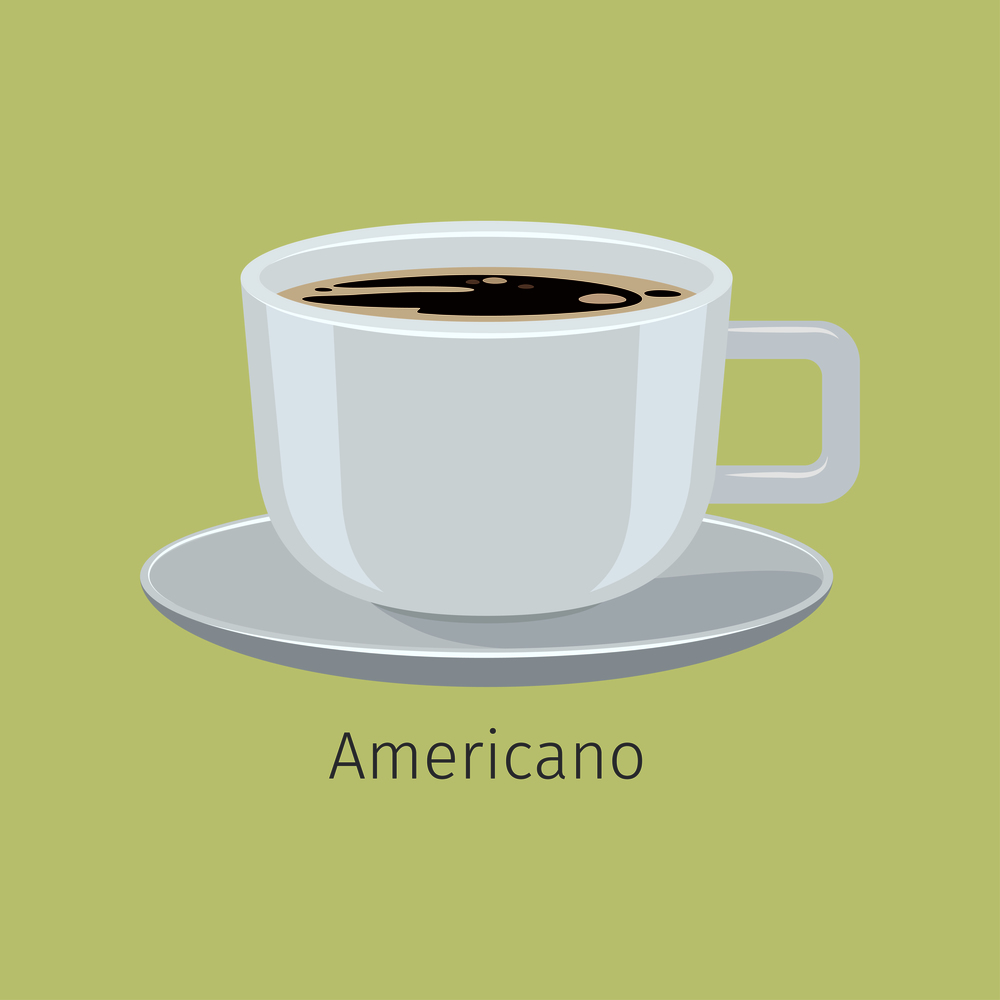 White porcelain cup on saucer with americano flat vector. Hot invigorating drink with caffeine. Brewed with water black coffee illustration for coffee house or cafe menus design