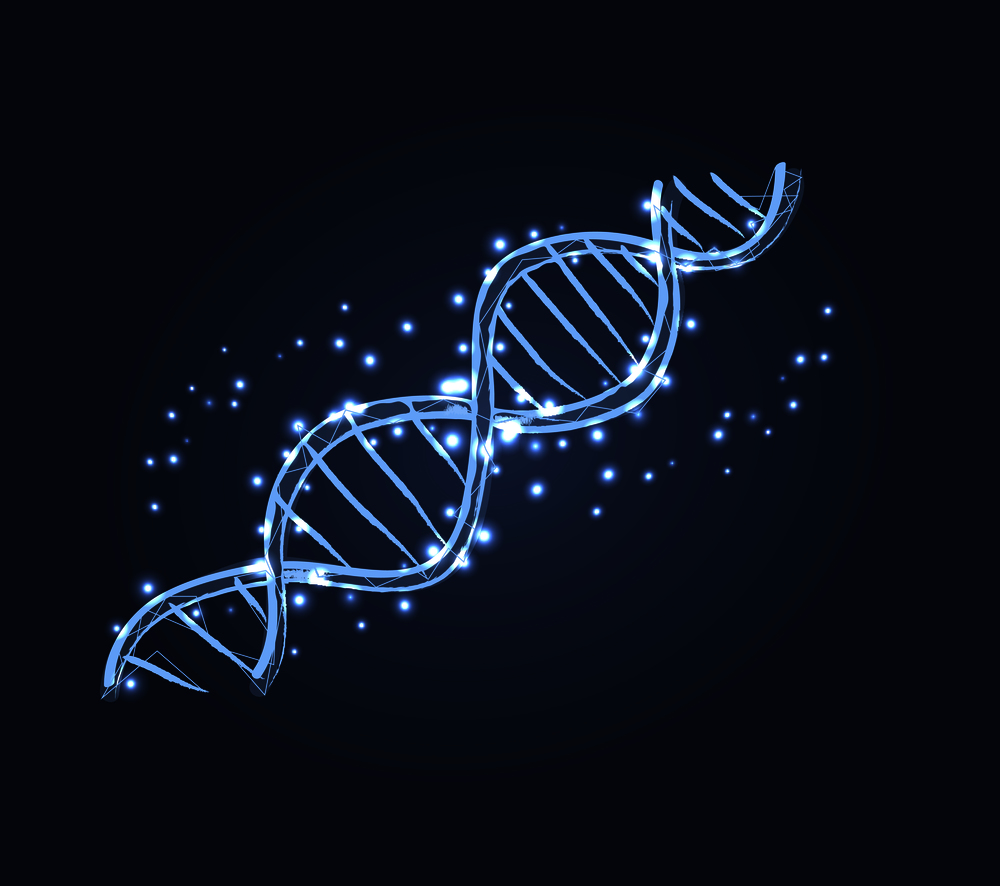 DNA code structure with chromosomes radiate light white glow. Vector illustration of gene code icon isolated on dark blue background. DNA Code Structure Icon Vector Illustration
