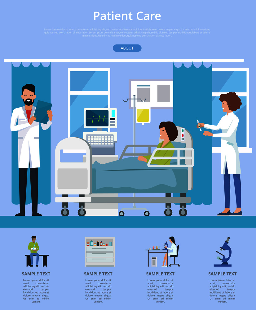 Patient care visualization with doctor and nurse taking care after woman patient sitting on hospital bed. Vector illustration of clinic room on blue background. Patient Care Description Vector Illustration