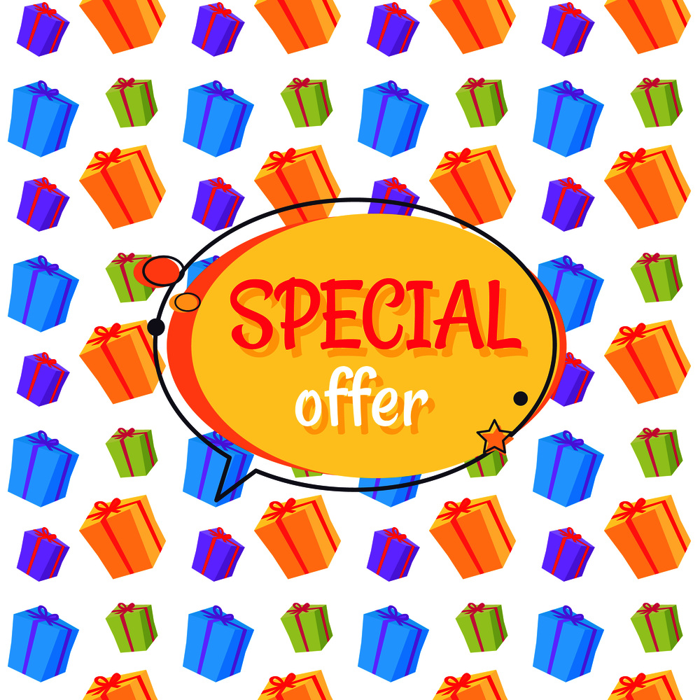 Special offer sale advertisement in round speech bubble seamless pattern background with present boxes. Promotional poster discounts wrapping. Special Offer Sale Advertisement Seamless Pattern