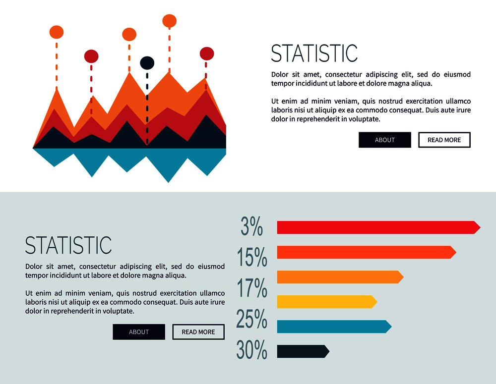 Statistic representation design for web page with colorful bar graphs. Vector illustration designed for web site and contains buttons. Statistic Presentation Colored Web Page Design