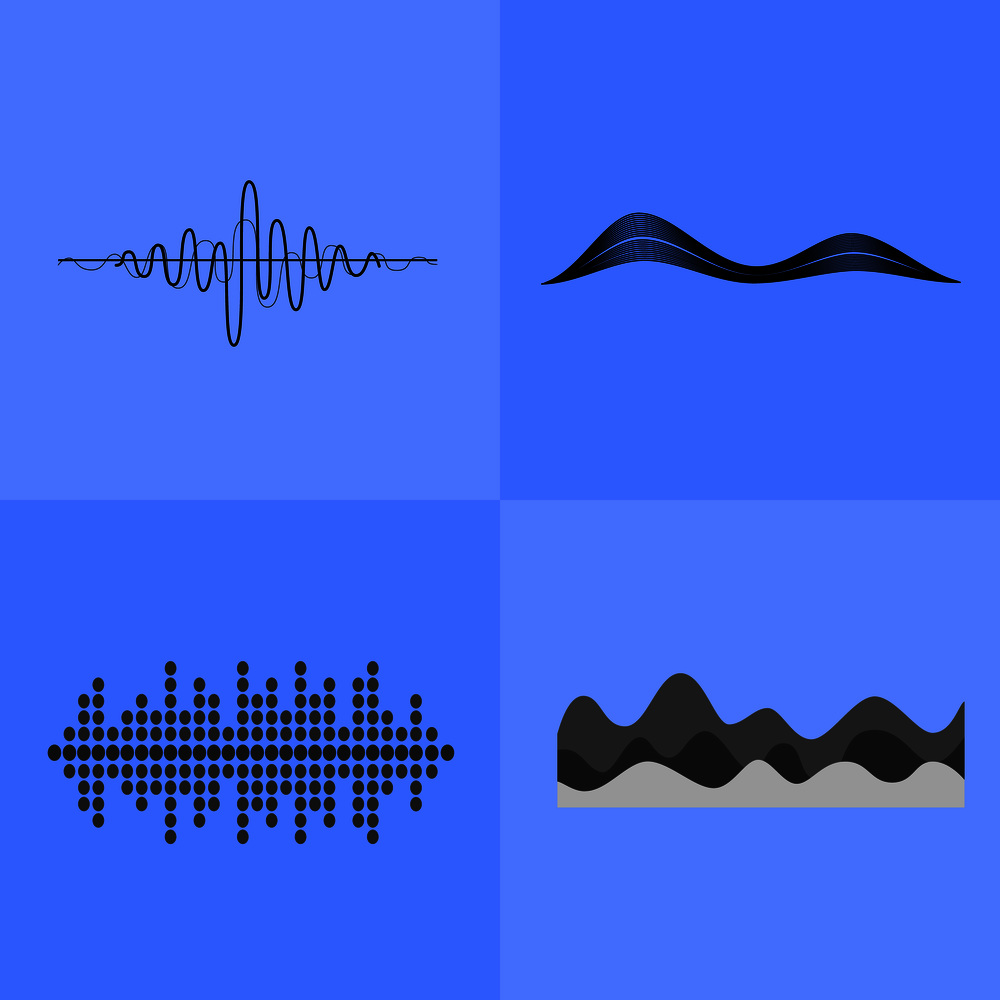 Equalizer interface represented by chaotic broken lines, symmetrical grids or waves vector illustration if icons isolated on blue background. Equalizer Interface Icons Vector Illustration
