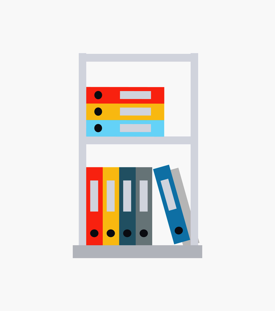 Shelves and document cases of different colours lying on them, organized information collection, of catalogues on vector illustration. Shelves and Document Cases on Vector Illustration