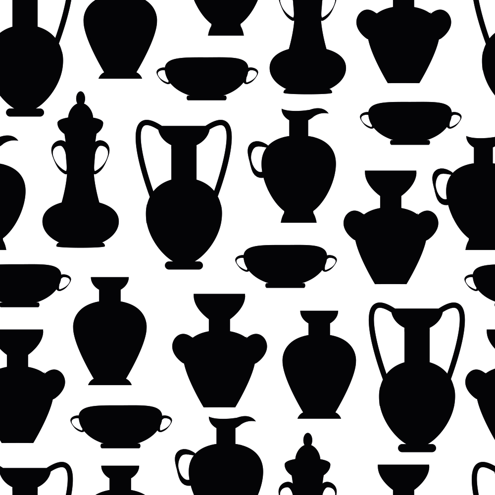 Ancient clay vases isolated vector illustration silhouettes on white background. Polished antique vessels seamless pattern in black color. Ancient Clay Vases Isolated Vector Silhouettes
