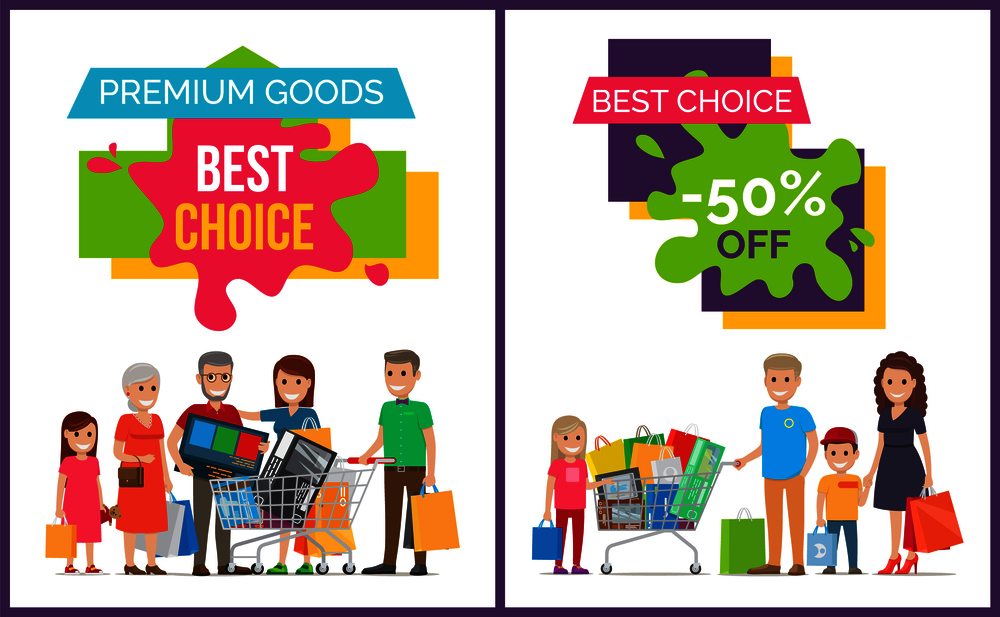 Best choice and premium goods, placards collection representing happiness of family caused by shopping together vector illustration. Best Choice and Premium Goods Vector Illustration