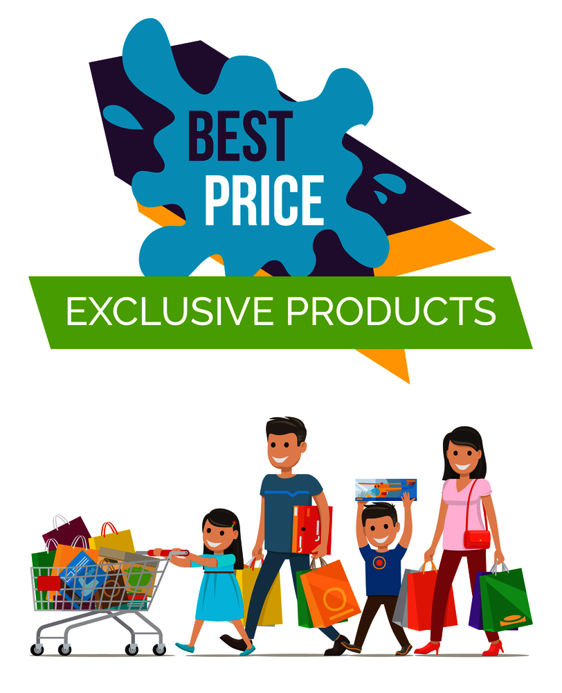 Best price exclusive products poster representing family carrying bags and little girl pulling cart vector illustration isolated on white. Best Price Exclusive Poster Vector Illustration