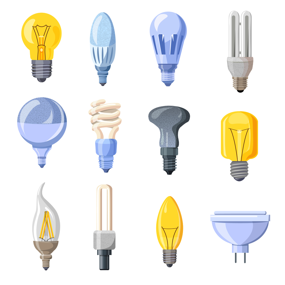 Collection of different bulbs isolated on white background. Vector illustration with set of twelve different shaped electric bulbs. Collection of Different Bulbs Vector Illustration