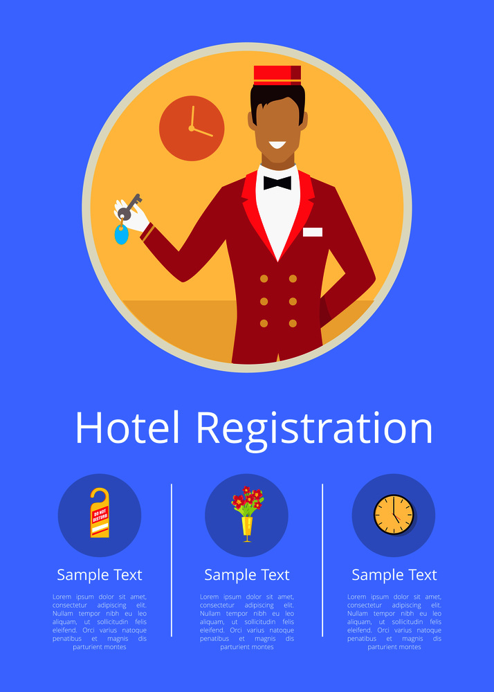 Hotel registration Internet page with receptionist in red uniform that stands and holds room key inside circle vector illustration.. Hotel Registration Internet Page with Receptionist