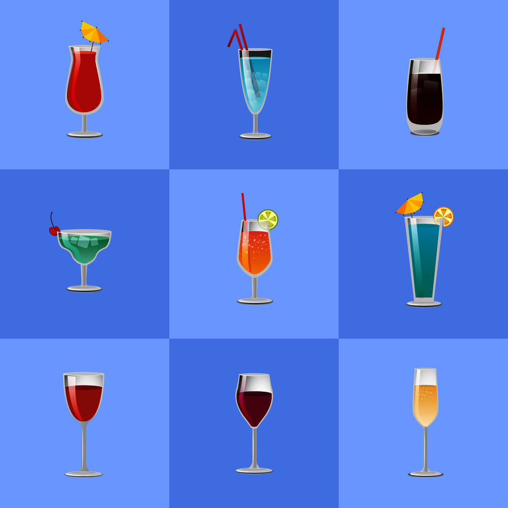 Vector illustration of different cocktails types decorated with umbrellas, lime and lemon served with ice and straws on blue background.. Different Cocktail Types Vector Illustration.