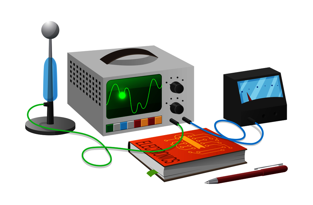 Electronics studies with help of special equipment connected with wires, textbook on subject and ball pen isolated vector illustration.. Electronics Studies with Equipment Illustration