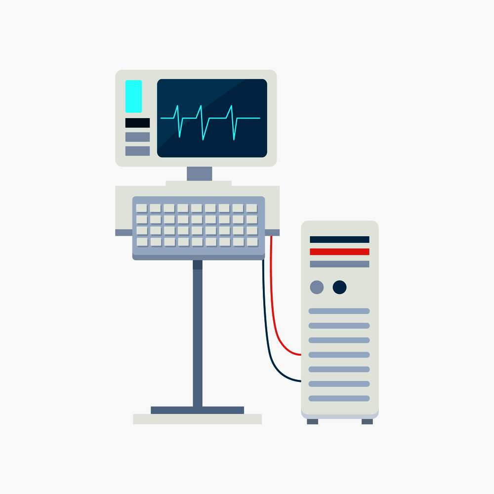 Electrocardiogram equipment with monitor and keyboard connected to computer. Vector illustration with ecg with heartbeat on screen isolated on white background. Electrocardiogram Equipment Vector Illustration