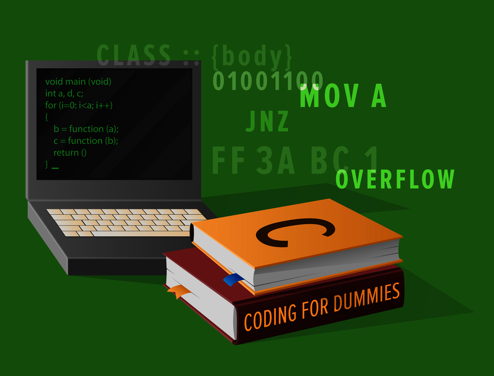 Portable computer and thick textbooks for Informatics studies isolated vector illustration. Open laptop with program code on screen.. Computer and Textbooks for Informatics Studies