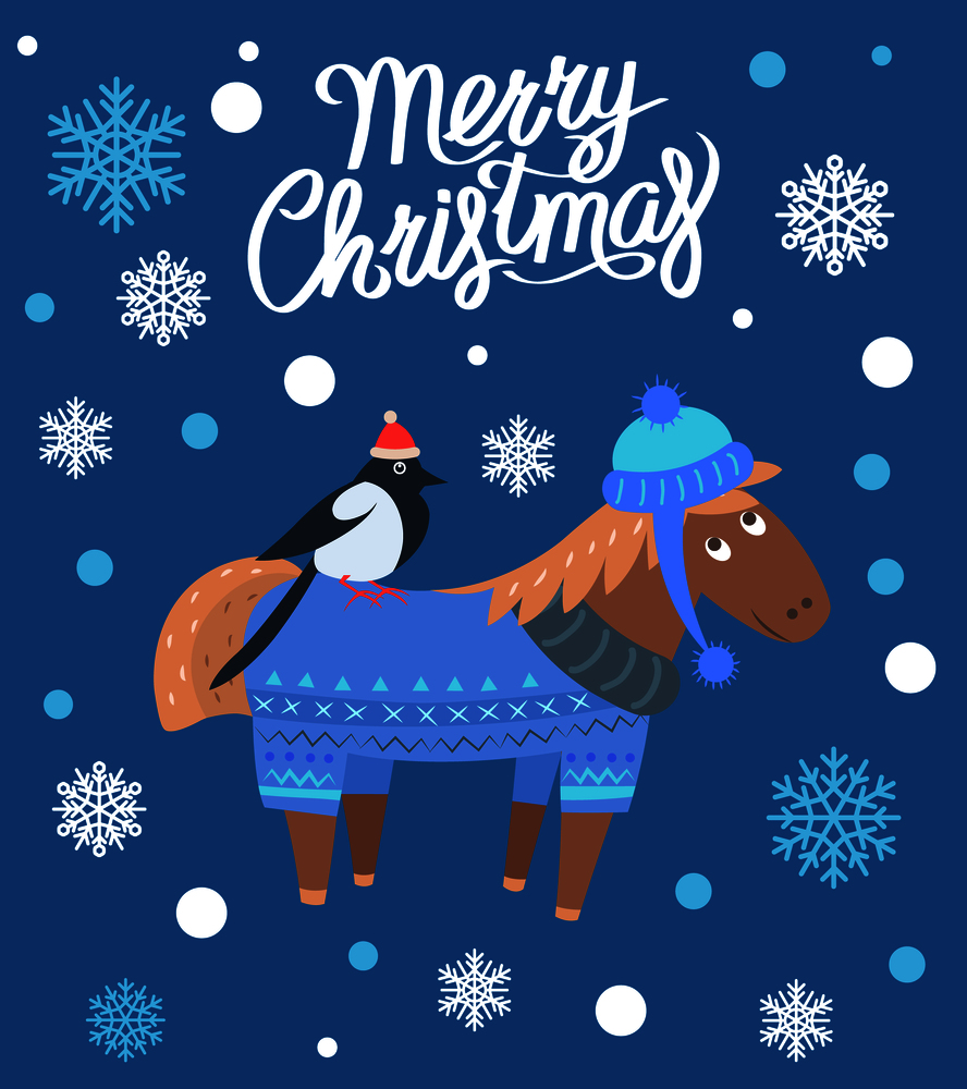 Merry Christmas horse wearing knitted sweater and hat that come together and bird in red hat, image with snowflakes on vector illustration. Merry Christmas Horse and Bird Vector Illustration