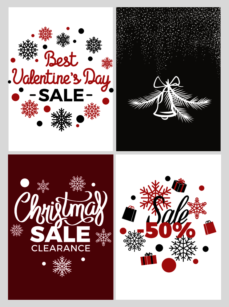 Best valentines day and christmas clearance sale vector illustration on white, black and red backgrounds with big snowflakes and christmas bell.. Best Valentines Day Sale Vector Illustration