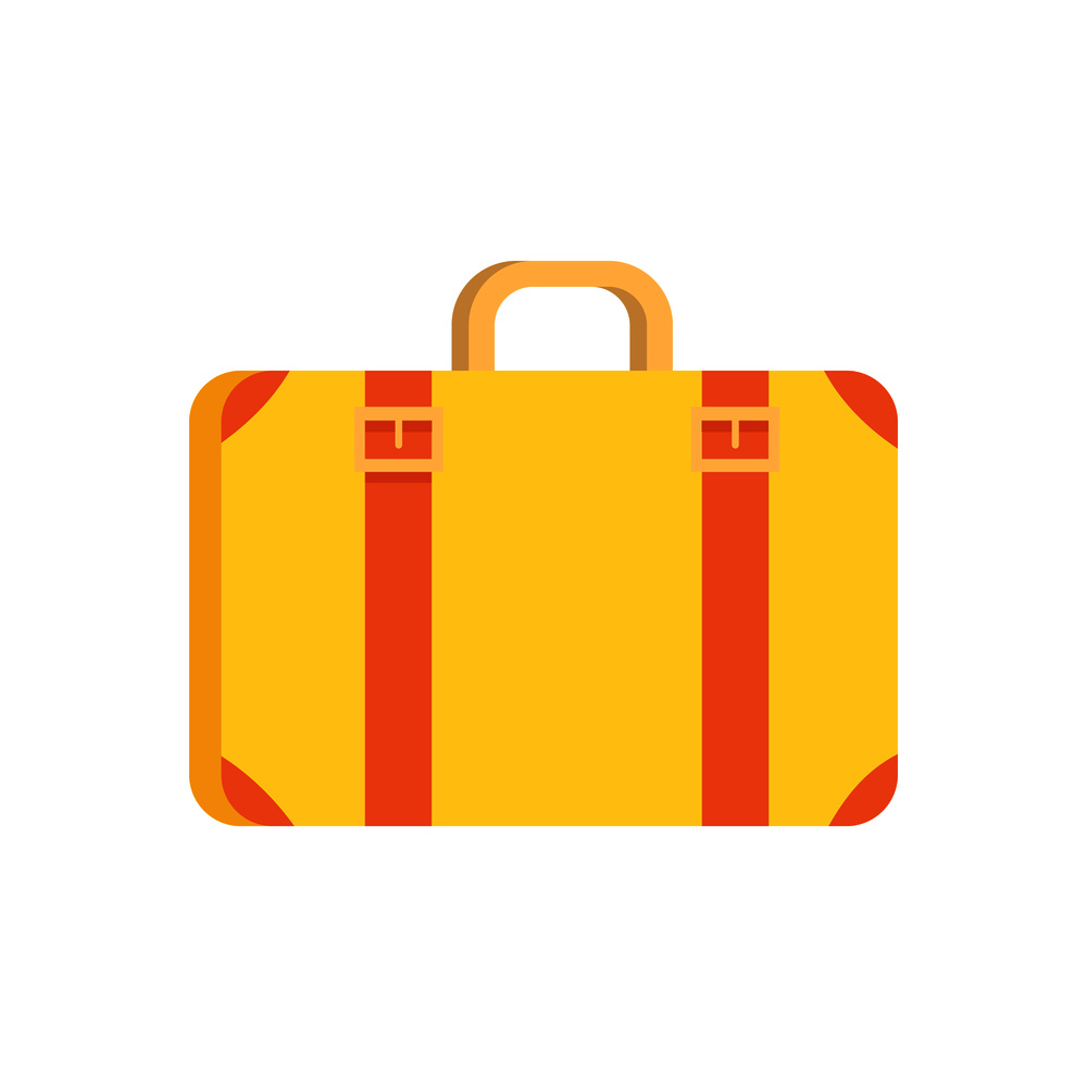 Vintage yellow suitcase with small handle and two brown belts for decoration. Vector illustration of old-school bag isolated on white background. Vintage Suitcase Icon Vector Illustration
