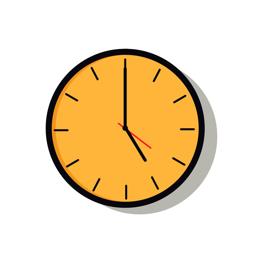 Yellow clock with hands showing time with hours and minutes, image represented on vector illustration isolated on white background. Yellow Clock Isolated on Vector Illustration