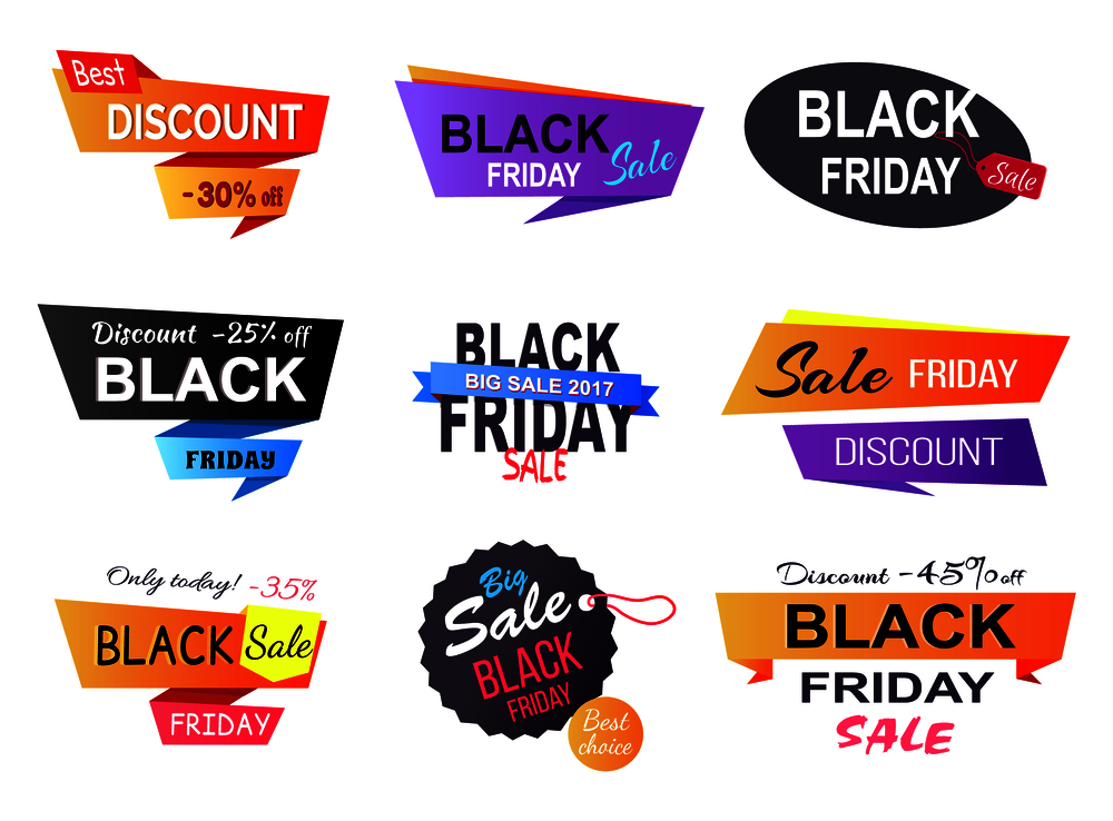 Only today -35% discount, poster that represents sales made by shops during black Friday, set of stickers on vector illustration isolated on white. Only Today -35% Black Friday Vector Illustration