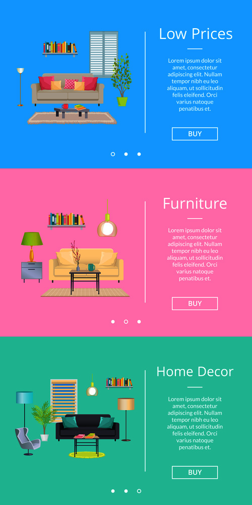Low prices and furniture, home decor, web pages of internet shop, text and images of rooms design in modern way vector illustration. Low Prices and Furniture on Vector Illustration