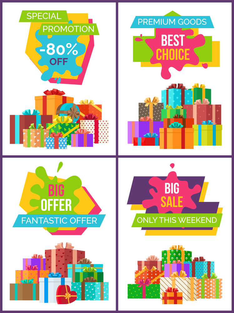 Special promotion and best choice, big and fantastic offer only this weekend, posters with decorated presents vector illustration isolated on white. Special Promotion, Best Choice Vector Illustration