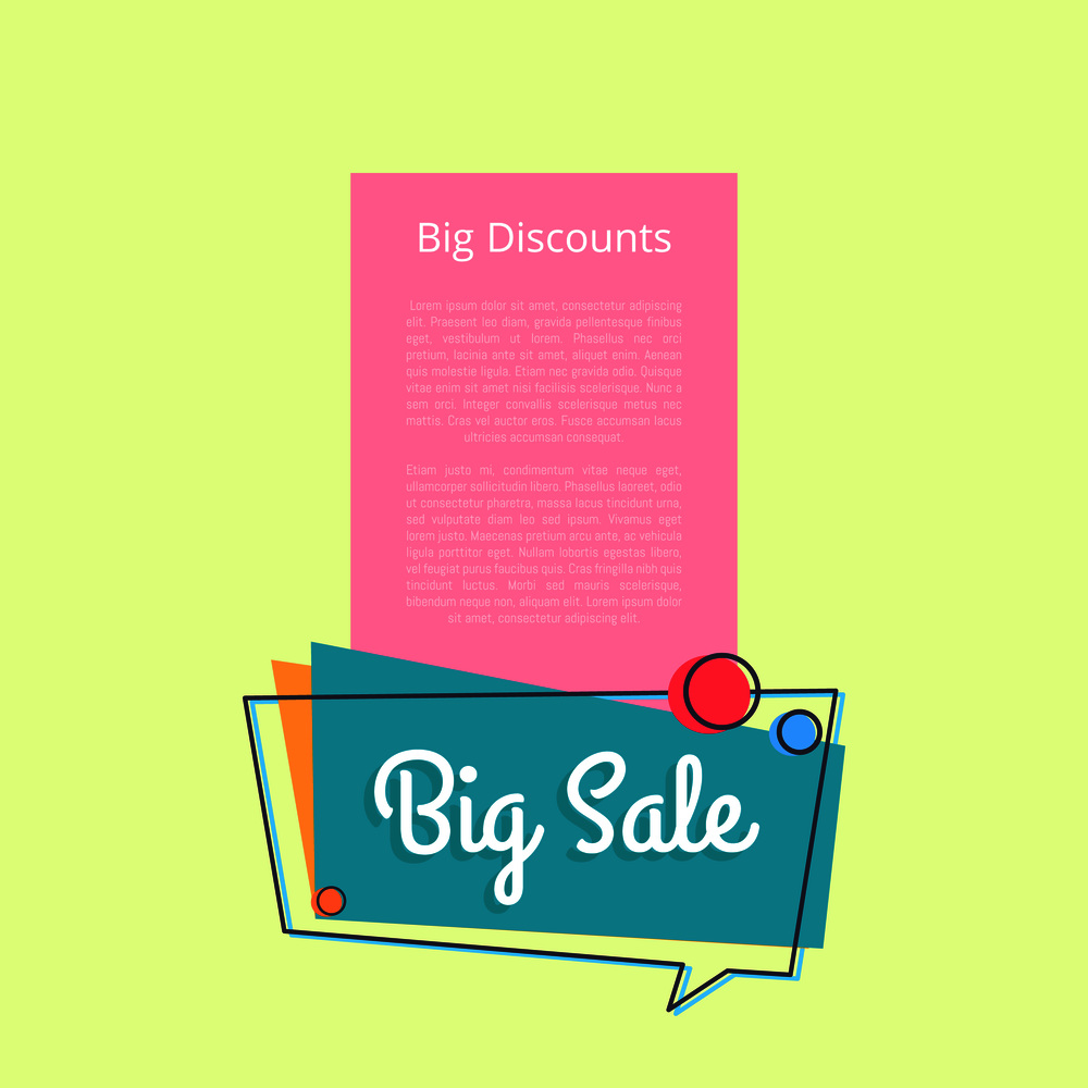 Big sale discounts promotional banner with place for text, inscription in speech bubble vector illustration isolated on yellow with place for text. Big Sale Discounts Promotional Banner Text Vector