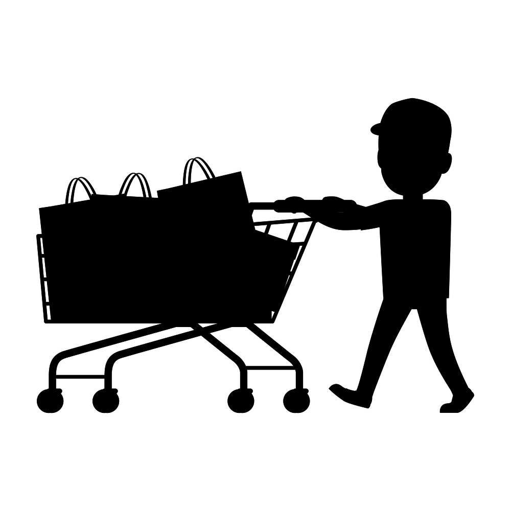Boy push cart full of purchases on white background. Black and white silhouette of boy and cart isolated vector illustration. Cartoon boy has fun during shopping. Collection of family members.. Boy with Cart Silhouette. Shopping Collection