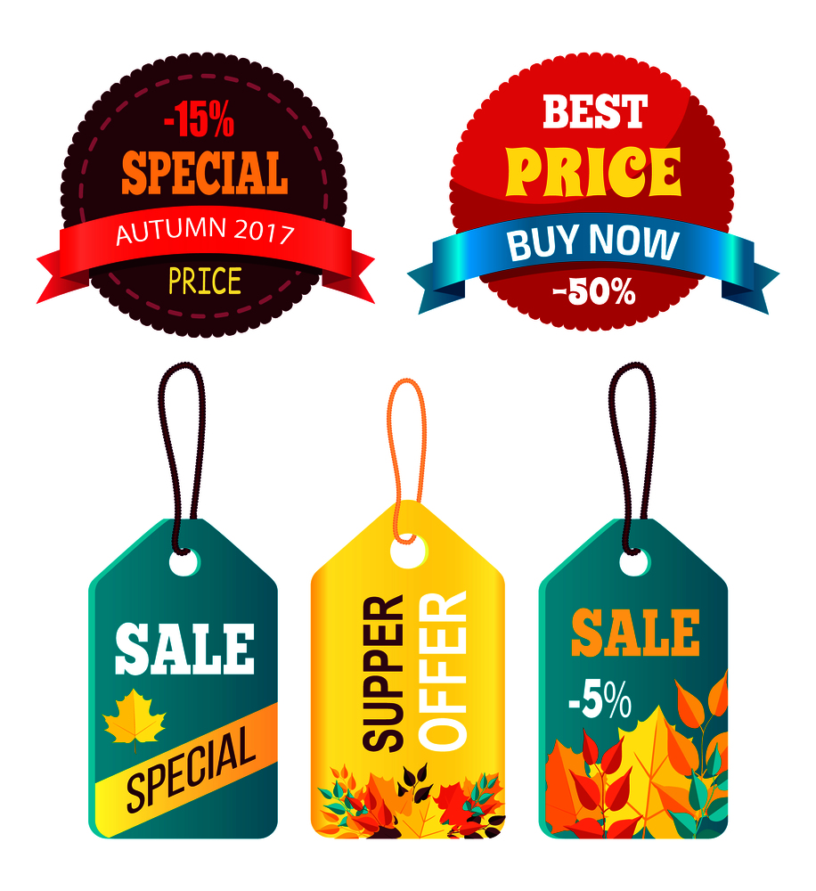 Stickers set ready to use in shopping industry with text special price, best sale buy now, super offer with discounts and autumn foliage vector. Stickers Set Ready to Use in Shopping Promo Text
