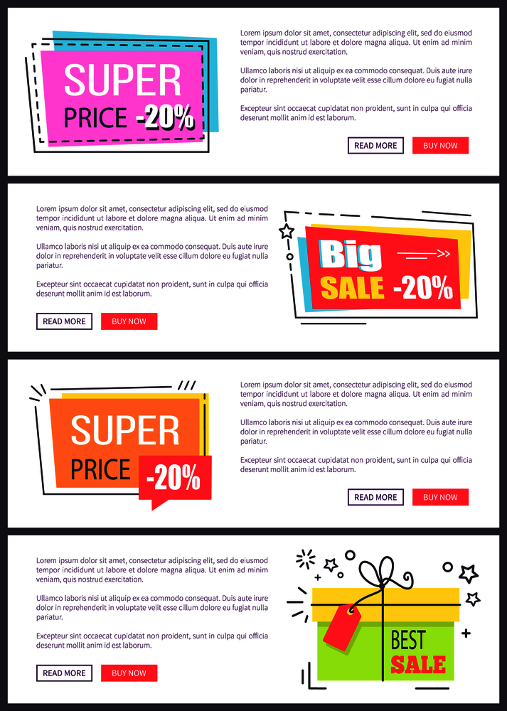 Super price -20%, big and best sale, collection of internet pages with text sample, titles in squares and buttons on vector illustration web banners. Super Price -20% Collection Vector Illustration