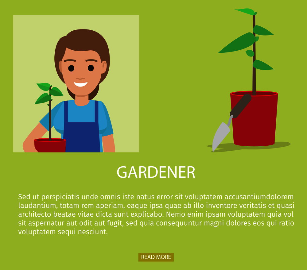Gardener advertisement web page vector illustration. Yardman or landscape designer with flower pot and working tool, resume design. Gardener Advertisement Web Page Vector Banner