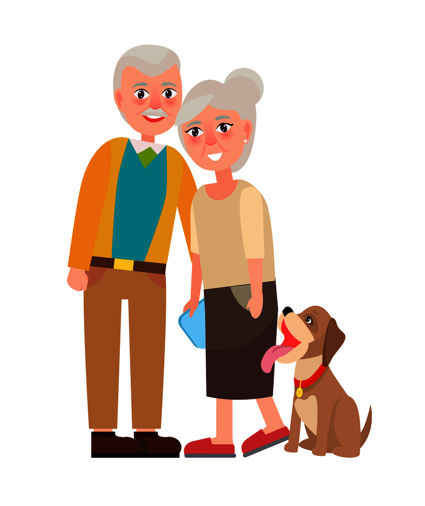 Grandmother and grandfather with pet isolated on white background. National Grandparents Day poster with adorable dog vector illustration. Grandmother and Grandfather with Pet Isolated