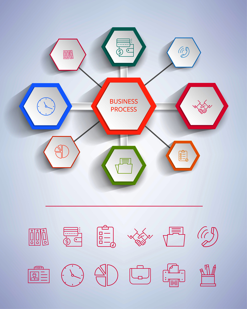Business process infographic representing a unity of activities, icons of handshake, papers and pencils, money and briefcase vector illustration. Business Process Infograph Vector Illustration