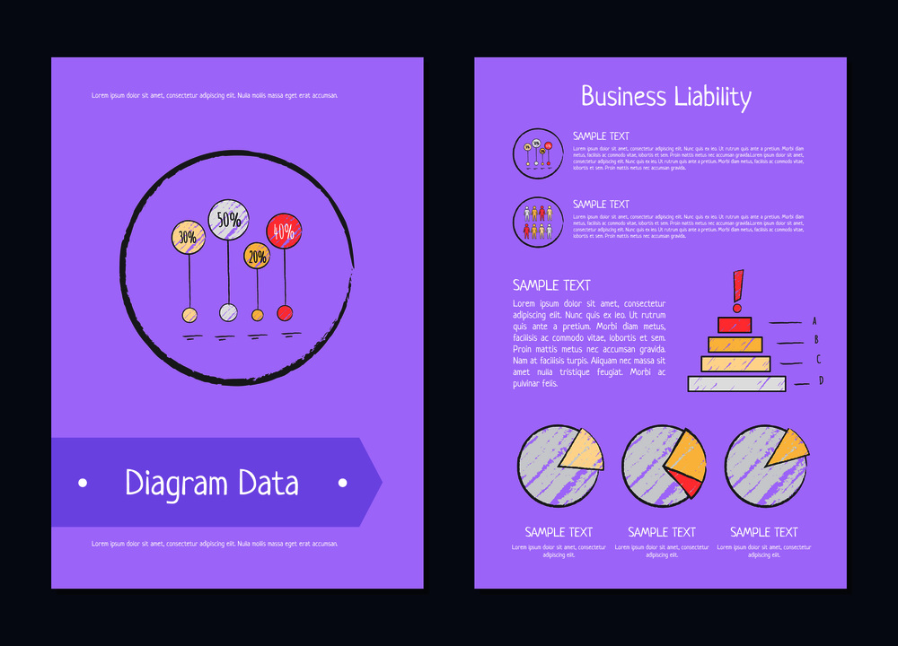 Diagram data business liability analysis methods represented on violet background. Vector illustration with statistical analytics for business. Diagram Data Business Liability Analysis Methods
