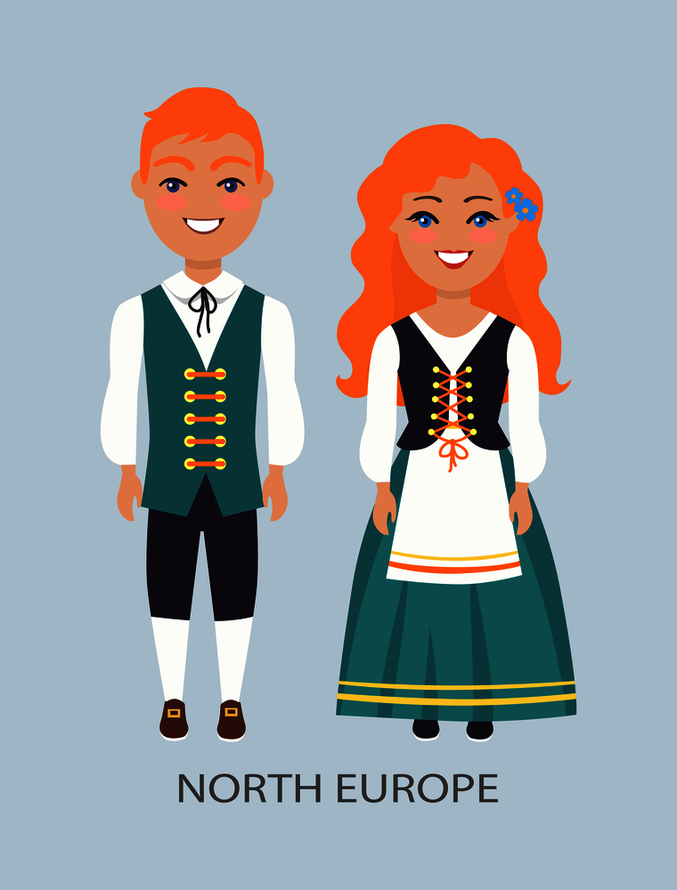 North europe, people representing customs and traditions of their country, national costumes on vector illustration isolated on blue. North Europe People, Customs Vector Illustration