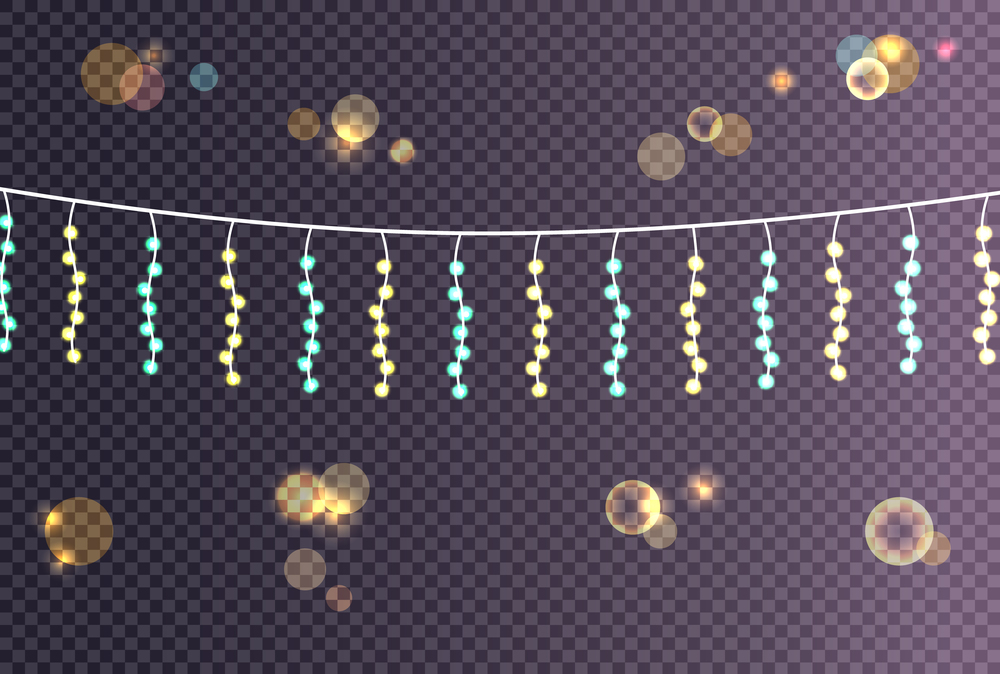Electric garland made of small balls hanging on glittering ribbons vector illustration on blurred background with decorative elements. Electric Garland Made Small Balls hanging Vector