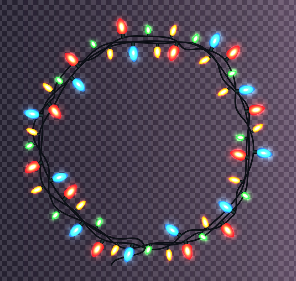Colorful round frame made of Christmas lights sparkling multicolor lightbulbs decorative border vector illustration isolated on transparent background. Colorful round Frame of Christmas Lights Sparkling