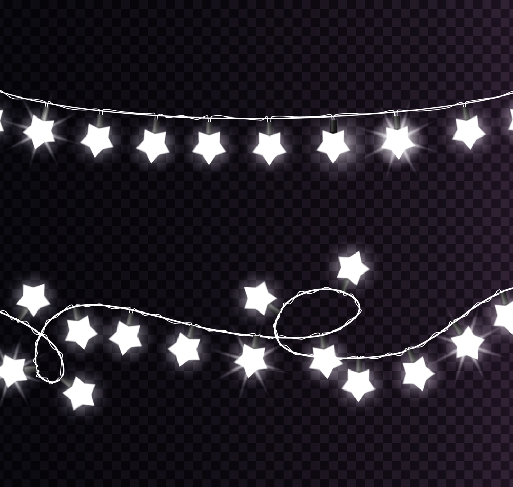 Colorless festive garlands set decorations with white shiny lights in star shapes, glittering lightbulbs vector illustration on transparent background. Colorless Festive Garlands Set Decorations Stars