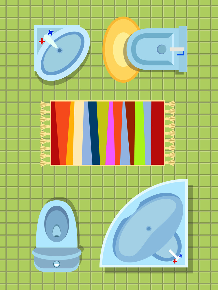 Bathroom interior decor including washbasin, toilet and bidet with mat under it, shower and colorful carpet on vector illustration. Bathroom Interior Decor on Vector Illustration