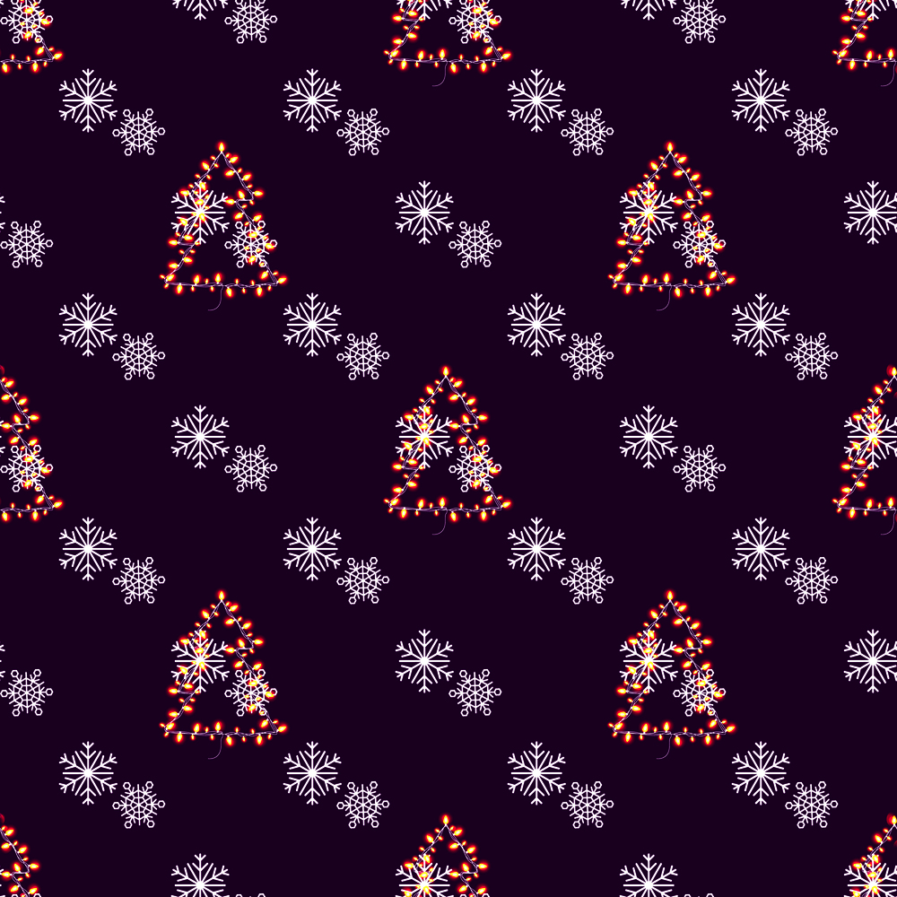Christmas theme seamless pattern with Xmas tree made of garland and snowflakes. Vector illustration isolated on purple background. Christmas Seamless Pattern Vector Illustration