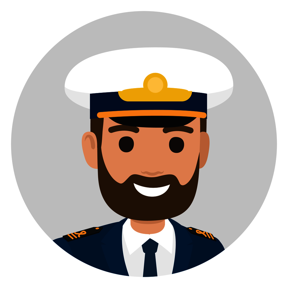 Cartoon bearded captain in uniform smiles broadly on portrait in grey circle isolated vector illustration on white background.. Bearded Captain in Uniform Portrait Illustration