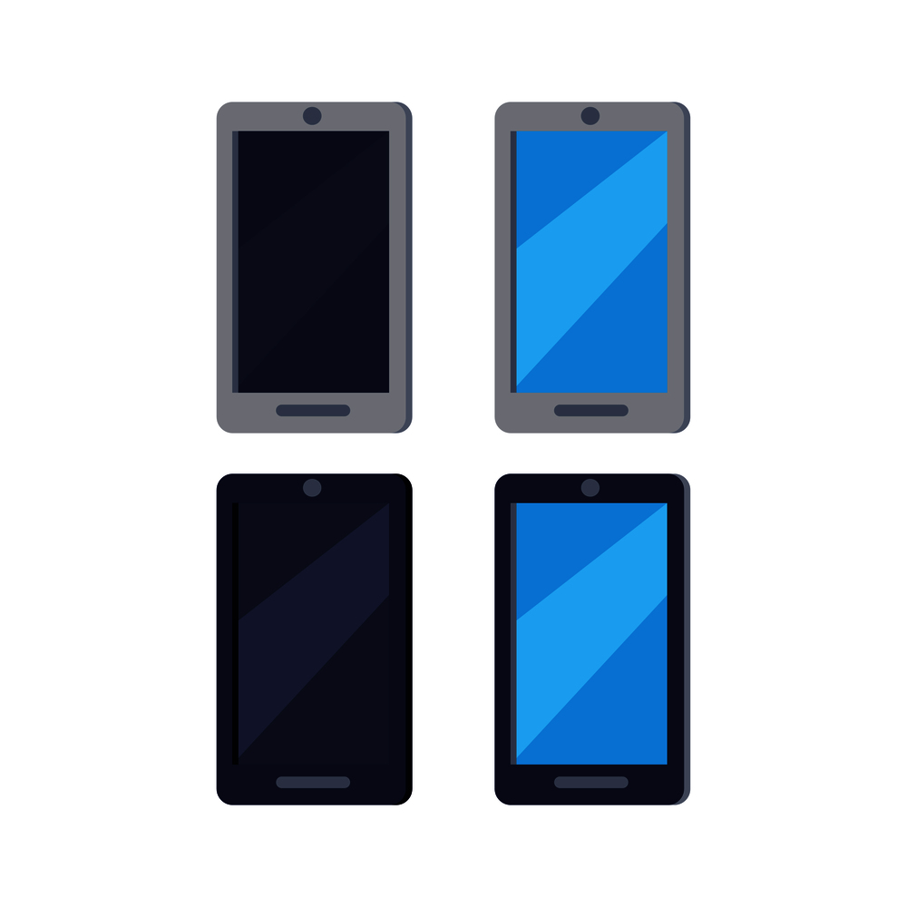Modern Cellphones flat style vector icons set isolated on white background. Electronics with touch screen. Smartphones or tablets illustrations for applications, logos or web design. Modern Cellphones Flat Vector Icons Set