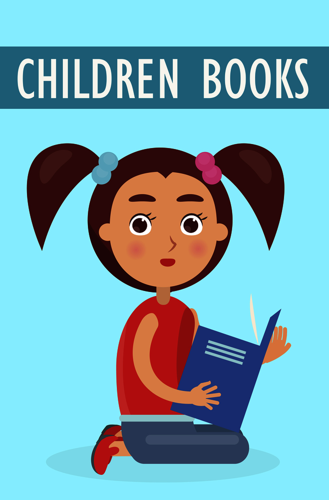 Children books advertisment. Little cute girl with ponytails sits and holds book isolated vector illustration on blue background.. Children Books Advertisement with Little Girl